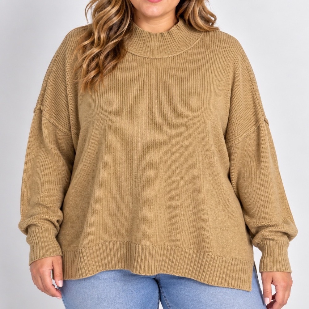Oversized Mock Neck Sweater Large Tan Cotton Blend Dolman Sleeve Minimalist